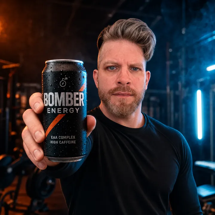 Mann hält eine Bomber-Energy-Dose in die Kamera, Fitnessstudio im Hintergrund