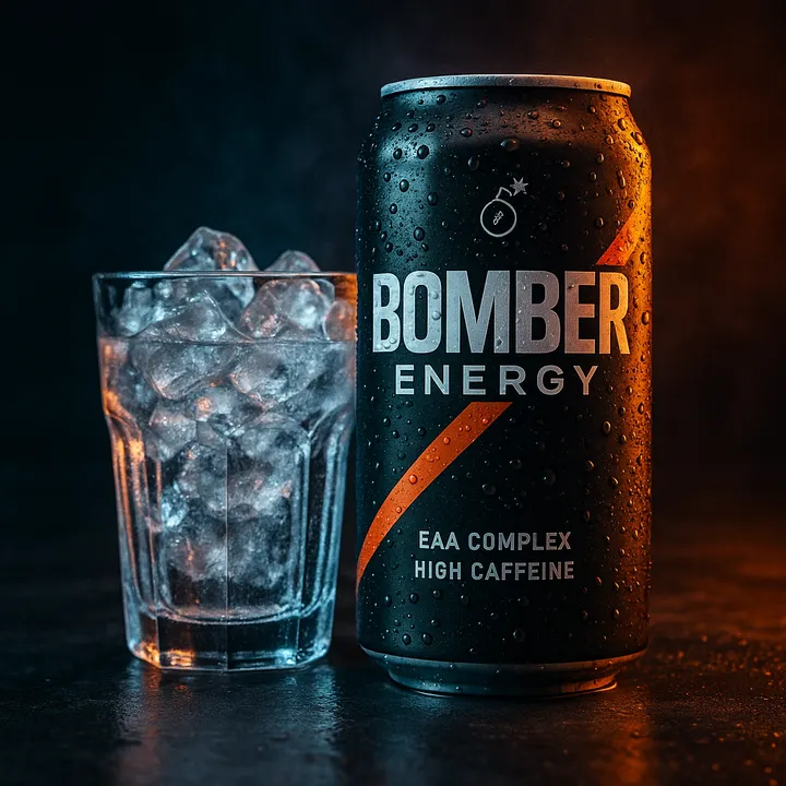 Schwarze Bomber-Energy-Dose mit Eisglas auf nassem Untergrund, dramatisches Blau-Orange-Licht