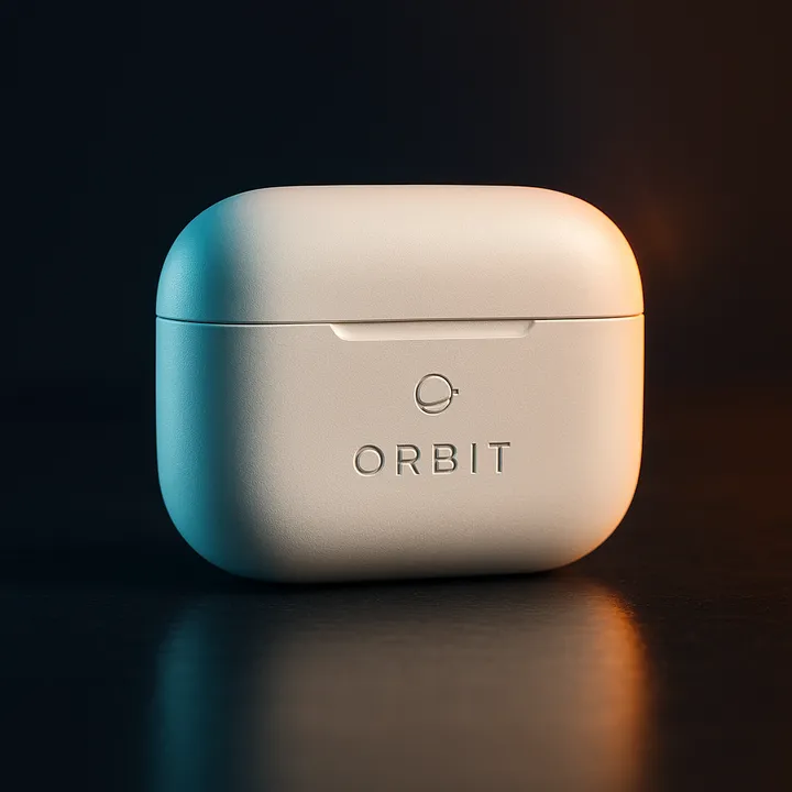 Geschlossene weiße kabellose Ladecase mit Orbit-Logo auf dunklem Untergrund